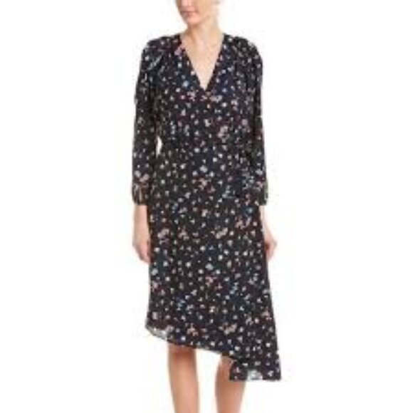 ✅ Joie Acantha Navy FLoral Wrap Dress SMALL ASYMETRICAL HEM - Picture 1 of 10